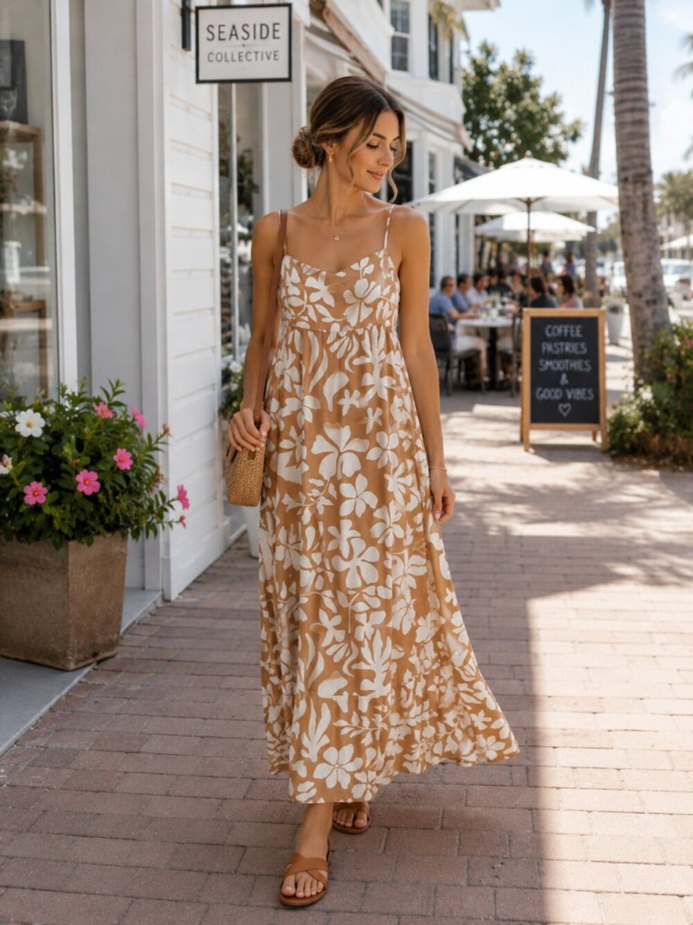 Sleeveless Floral Maxi Dress in Beige and White